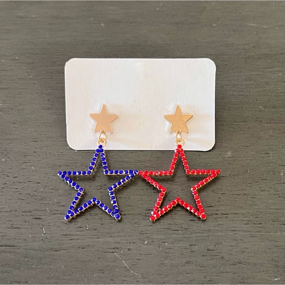 High Heels on the High Road Jewelry - Star Red & Blue Allover Rhinestone Mismatched Gold Post 2.25“ Earrings